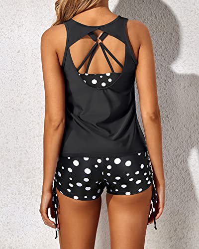 Athletic And Flattering Tank Top Boy Shorts For Women's Swimwear-Black Dot