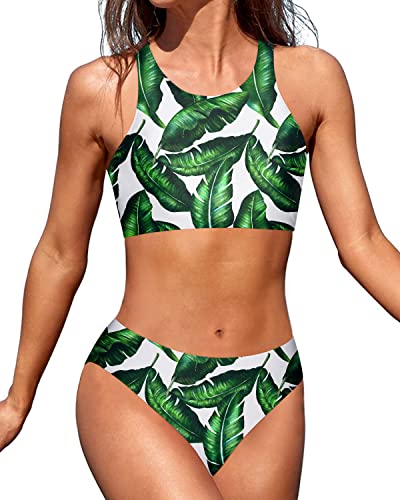 Athletic High Neck Bikini Tops For Teen Girls Sporty Two Piece Swimsuits-Green Leaf