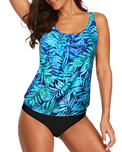 Comfortable Women's Blouson Tankini Swimsuits No Show Cleavage-Dark Blue Green Leaves