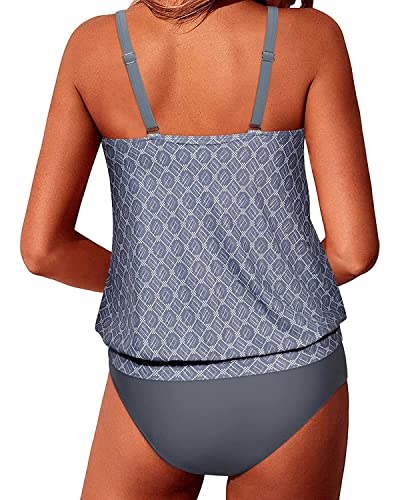 Adjustable Shoulder Straps Blouson Tankini Bathing Suits Women-Grey Tribal