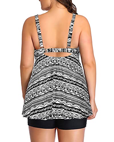 Cut Out Back Tankini Swimsuits Plus Size Flowy Swimwear For Women Shorts-Black Tribal