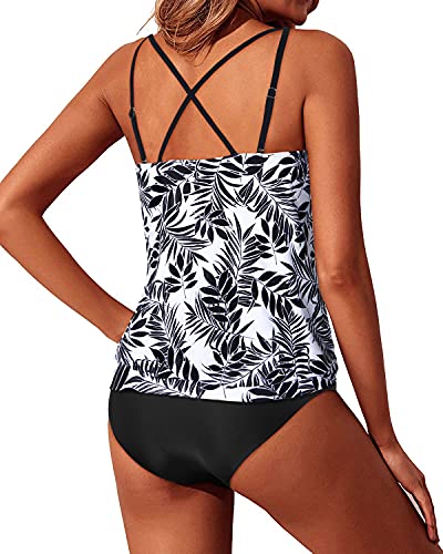 Women's Athletic Blouson Tankini Swimsuit Sports Bra-Black Leaves