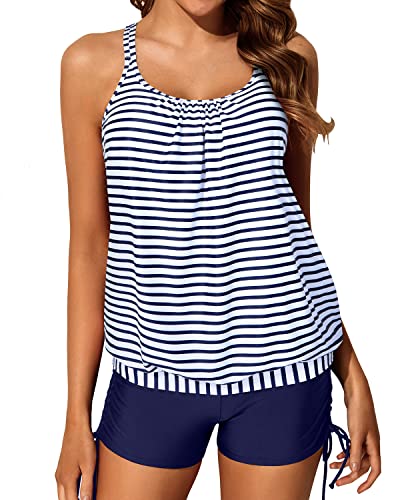 Athletic Strappy Criss Cross Back Swimsuits Full Coverage Boy Shorts-Blue White Stripe