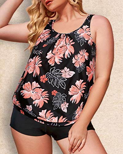 Comfortable Plus Size Two Piece Blouson Tankini Swimsuit Set For Women-Black Orange Floral