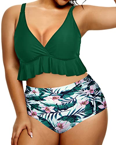 Plus Size Bathing Suits For Women Two Piece Ruffle Swimsuits For Women-Green Tropical Floral