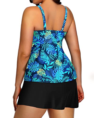 Plus Size Two Piece Tankini Skirt Bathing Suits For Women-Blue Leaves