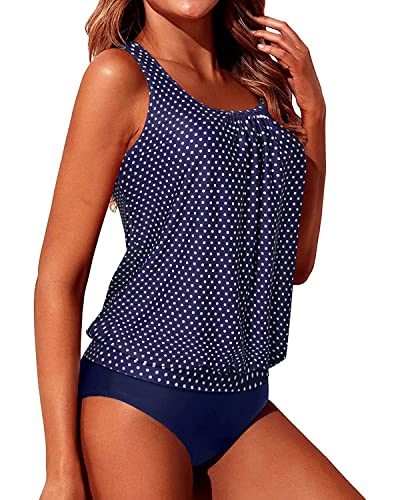 Flattering Blouson Style Tankini Bathing Suits For Women-Navy Blue Polka Dot