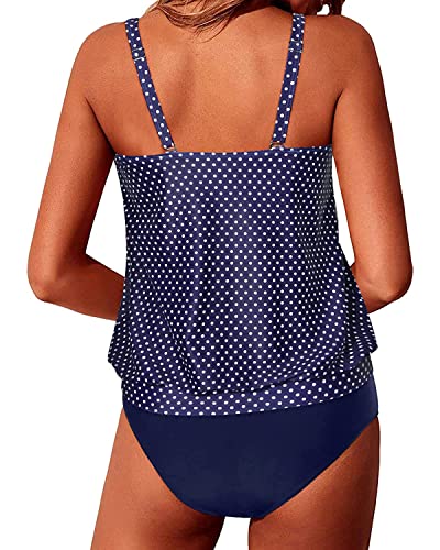 Flattering Blouson Style Tankini Bathing Suits For Women-Navy Blue Polka Dot