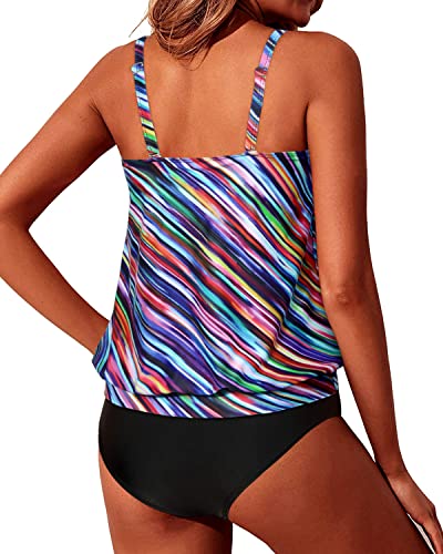 Ladies Loose Fit Blouson Tankini Swimsuits For Women-Color Oblique Stripe