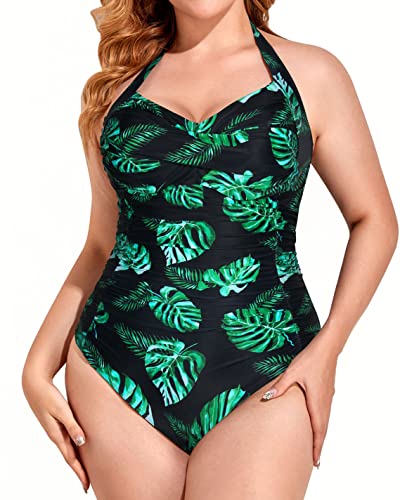 Women's Backless Style Plus Size One Piece Swimsuit-Black And Green Leaf