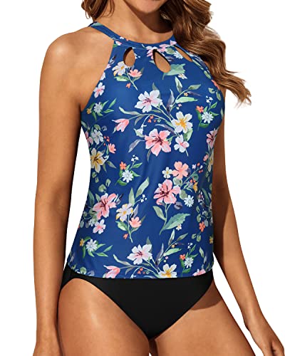 Tummy Control & Modest Coverage Two Piece Tankini Bathing Suit-Blue Flower