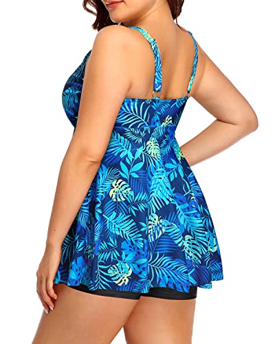 Two Piece Plus Size Tankini Boy Shorts Swimsuits-Blue Leaves