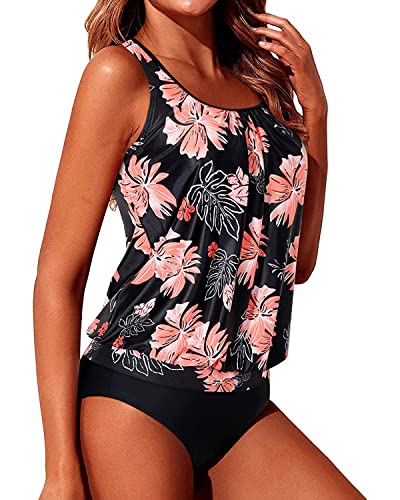 Pretty And Flattering Blouson Tankini Swimsuits For Women-Black Orange Floral