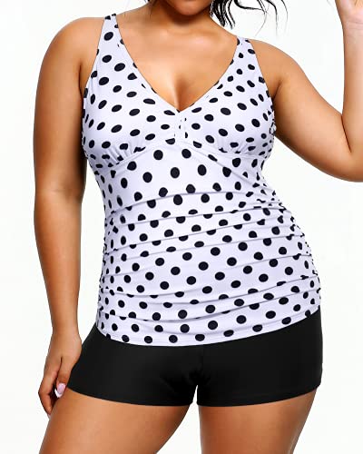 Two Piece Deep V Neck Plus Size Swimsuits Shorts Tummy Control Tankini-Black Dot