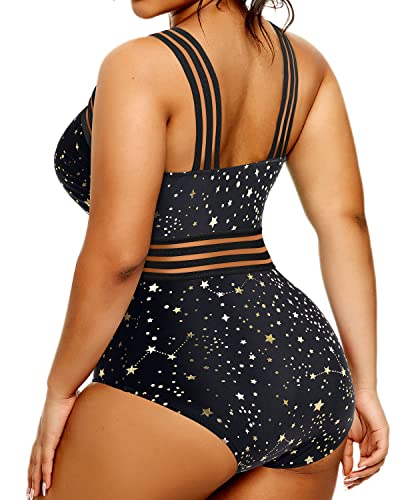 Slimming High Neck Swimwear Plus Size One Piece Swimsuit-Gold Stars