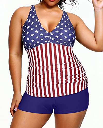 Tummy Control Plus Size Tankini Shorts Swimsuits For Women-American Flag