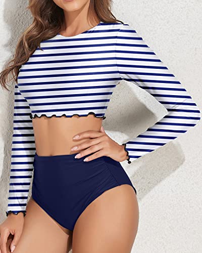 Padded Cups Long Sleeve Rash Guard For Women-Blue White Stripe