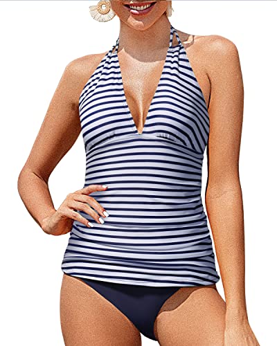 Halter V Neck Tankini Set Bikini Bottom Tummy Control Bathing Suits-Blue White Stripe
