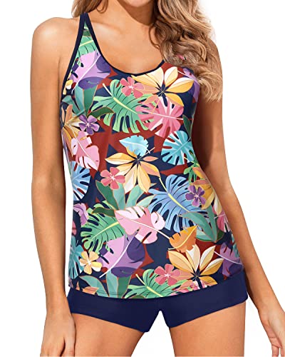 Tummy Control Two Piece Tankini Set For Women Boy Shorts-Blue Leaves