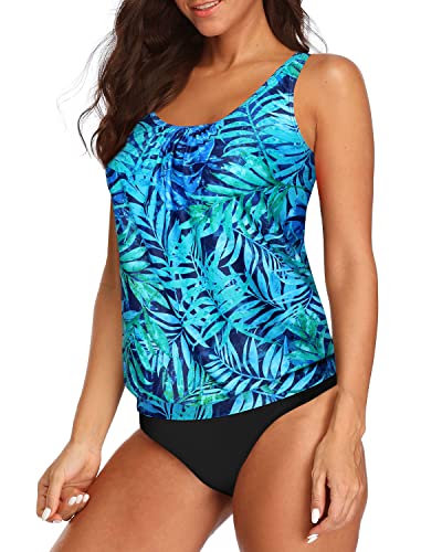 Comfortable Women's Blouson Tankini Swimsuits No Show Cleavage-Dark Blue Green Leaves