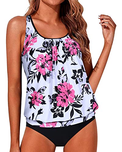 Women's Flattering Two Piece Blouson Tankini Swimwear-White Floral