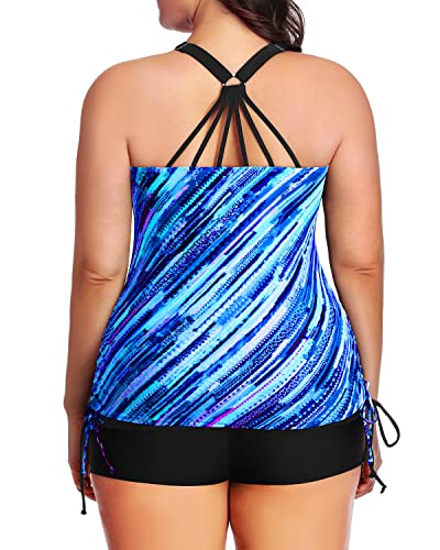 2 Piece Plus Size Swimsuit High Waisted Boyshorts For Women Of All Ages-Blue Stripes