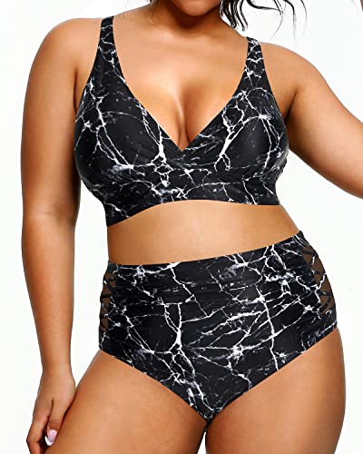 Women's Plus Size Two Piece Bikini Swimsuits High Waisted Tummy Control-Black Marble