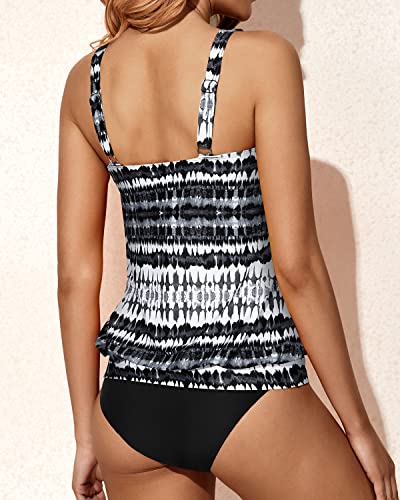 Flattering Blouson Tankini Tops Triangle Briefs Two Piece Set-Black And White Tribal