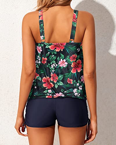 Modest Print Colorful Blouson Tankini Swimsuits For Women-Navy Blue Flowers