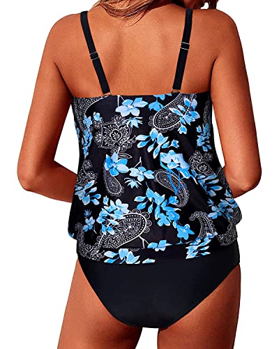 Tummy Control Mid Waist Bottom Blouson Swimsuits For Women-Black Floral