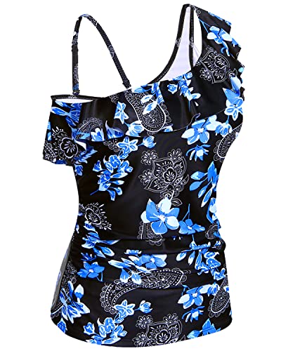 Flattering One Shoulder Tankini Top For Women Long Torso-Blue Paisley