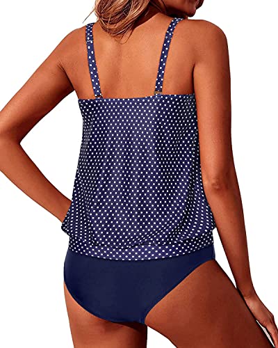 Flattering Blouson Style Tankini Bathing Suits For Women-Navy Blue Polka Dot