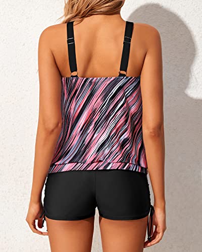 Adjustable Shoulder Straps Blouson Tankini Swimsuits For Ladies-Pink Stripe