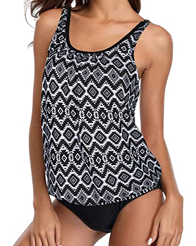 Loose Fit Tankini Top Blouson Tankini Swimsuits For Women-Black Tribal