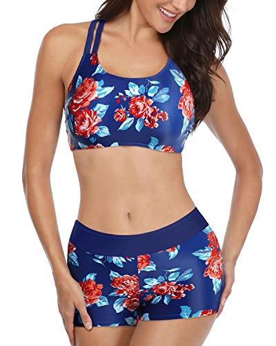 Athletic 3-Piece Tankini Swimsuit Boy Shorts-Blue Floral