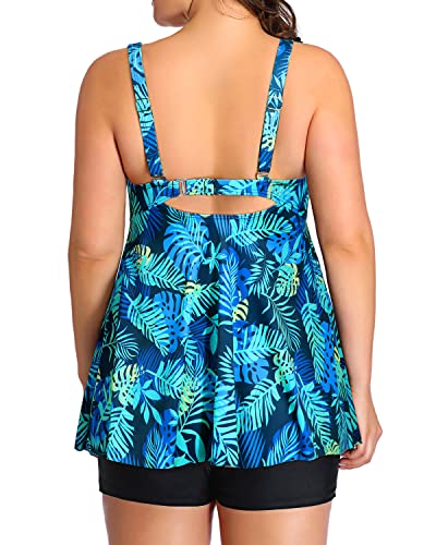 Adjustable Shoulder Straps Bathing Suits Tankini Swimsuits Shorts-Blue Leaves