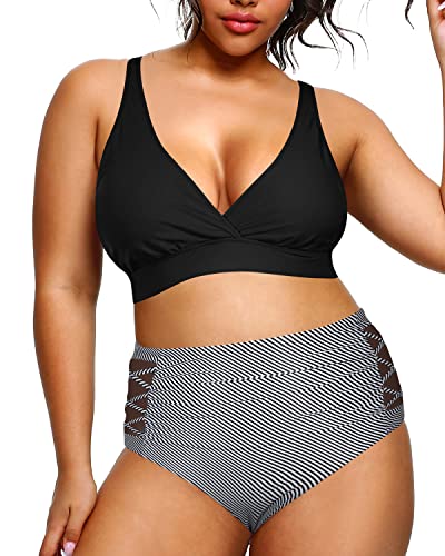 Women's Plus Size High Waisted Bikini Swimsuits Tummy Control Swimwear-Black Stripe