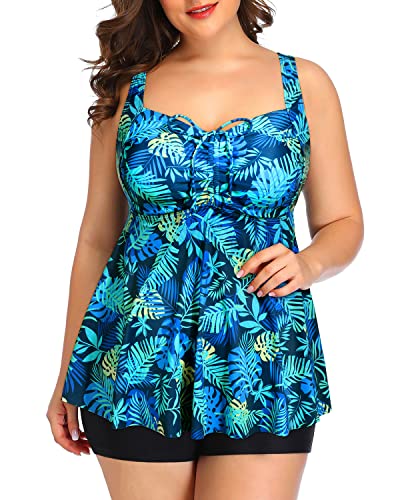 Adjustable Shoulder Straps Bathing Suits Tankini Swimsuits Shorts-Blue Leaves