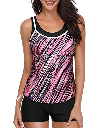 Athletic Bathing Suits Tankini Top And Shorts For Women-Pink Stripe