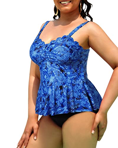 2 Piece Ruffle Hem Plus Size Tankini Swimsuits Tummy Control Bathing Suits-Blue Tribal