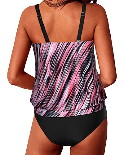 Adjustable Shoulder Straps Blouson Tankini Swimsuits For Women-Pink Stripe