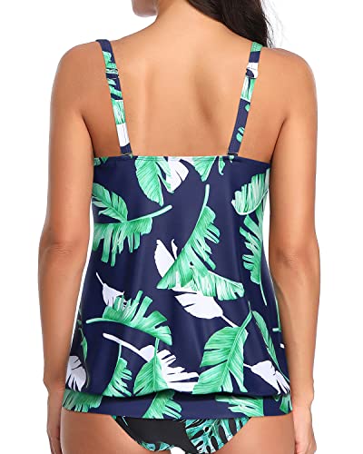 Women's Tankini Tops Modest And Flattering Blouson Style-Blue Leaf