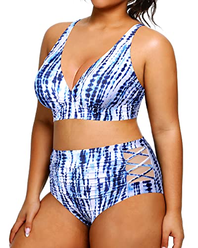 Volleyball Playing Plus Size Bikini High Waisted Bikini Swimsuits For Women-Blue Tie Dye