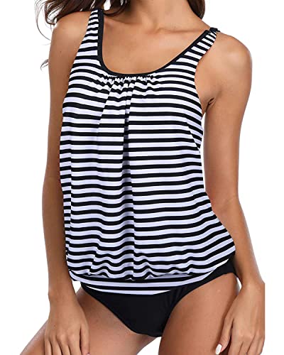 Flattering Blouson Tankini Bathing Suits For Teens Tummy Control-Black And White Stripe