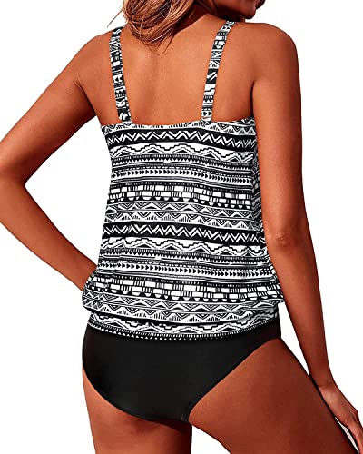 Pretty Flared Blouson Tankini Bathing Suits For Teens Mid Waist Bottom-Black Tribal