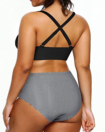 Women's Plus Size High Waisted Bikini Swimsuits Tummy Control Swimwear-Black Stripe