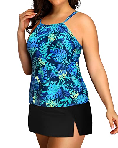 Plus Size Two Piece Tankini Skirt Bathing Suits For Women-Blue Leaves