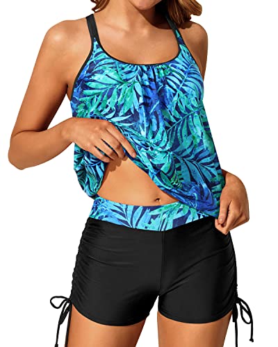 Slimming Push Up Padded Bra Blouson Tankini Swimsuit Shorts-Dark Blue Green Leaves