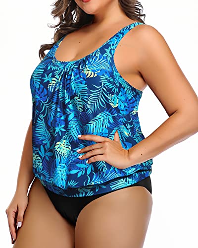 Women's Plus Size Two Piece Swimsuit Blouson Tankini Swimsuit-Blue Leaves