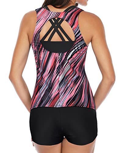 One Piece Swim Bikini Top Match Tankini Short 3 Piece Swimsuits For Women-Pink Stripe